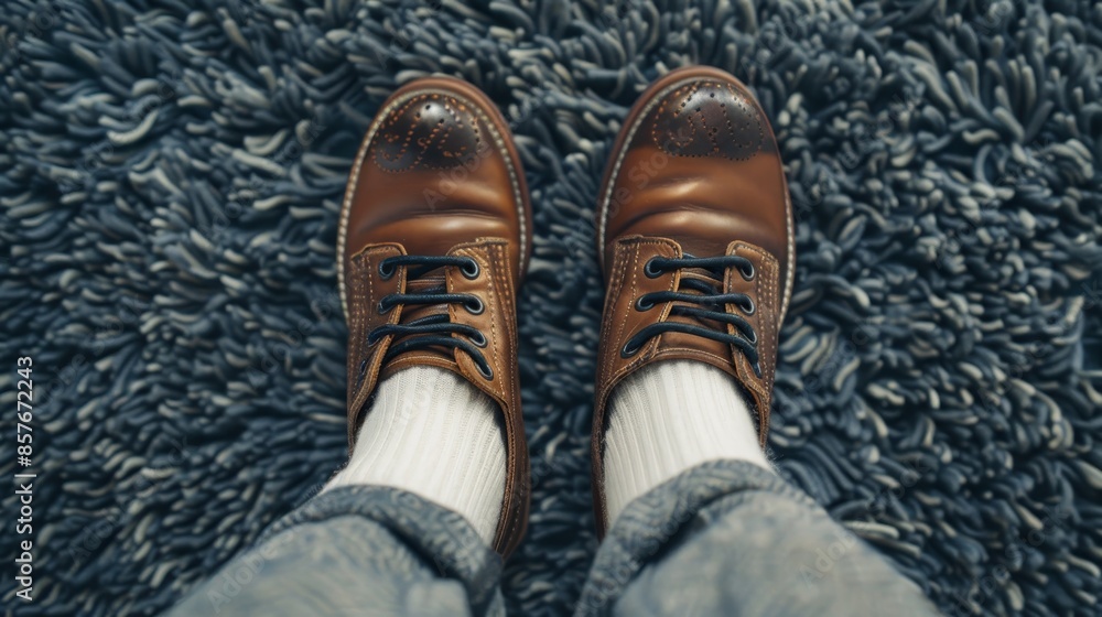 Top-down shot of classic leather shoes with black laces and white stylish socks, first-person perspective, raw and detailed Top-down shot of classic leather shoes with black laces and white stylish socks, first-person perspective, raw and detailed