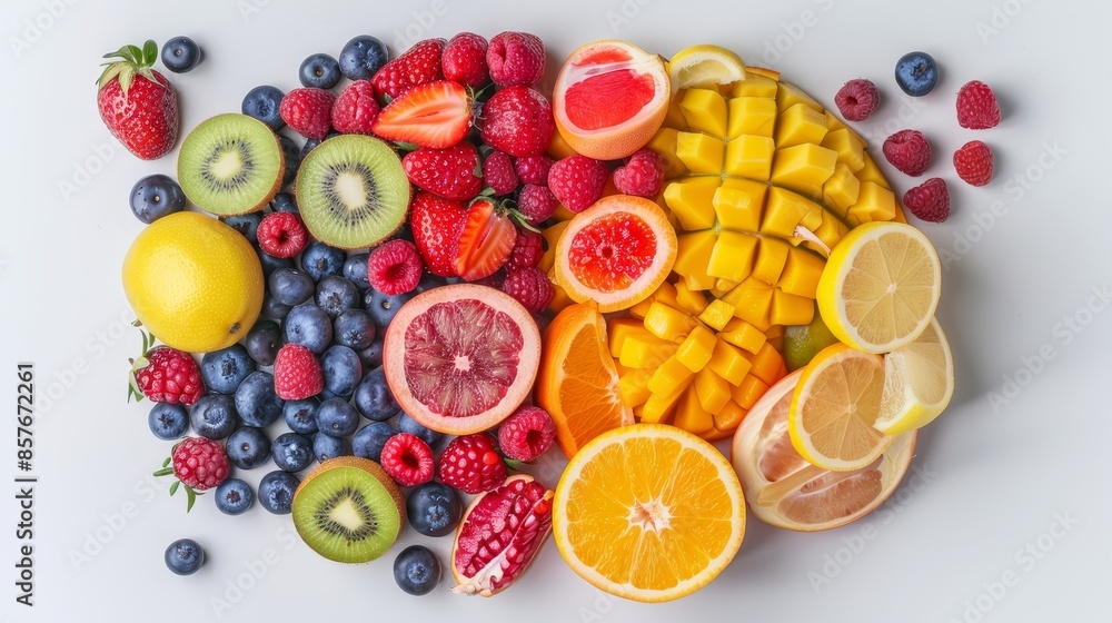 Top-down view of a brain with fruits like berries and citrus, representing healthy food choices, first person perspective, raw and colorful Top-down view of a brain with fruits like berries and citrus, representing healthy food choices, first person perspective, raw and colorful