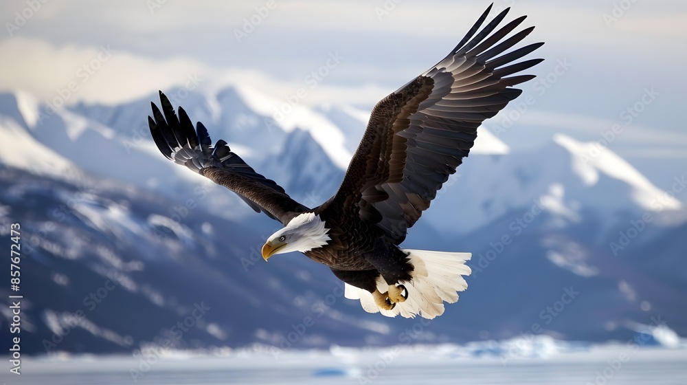 Fototapeta premium Bald eagle soaring over Alaska Bay near Homer.