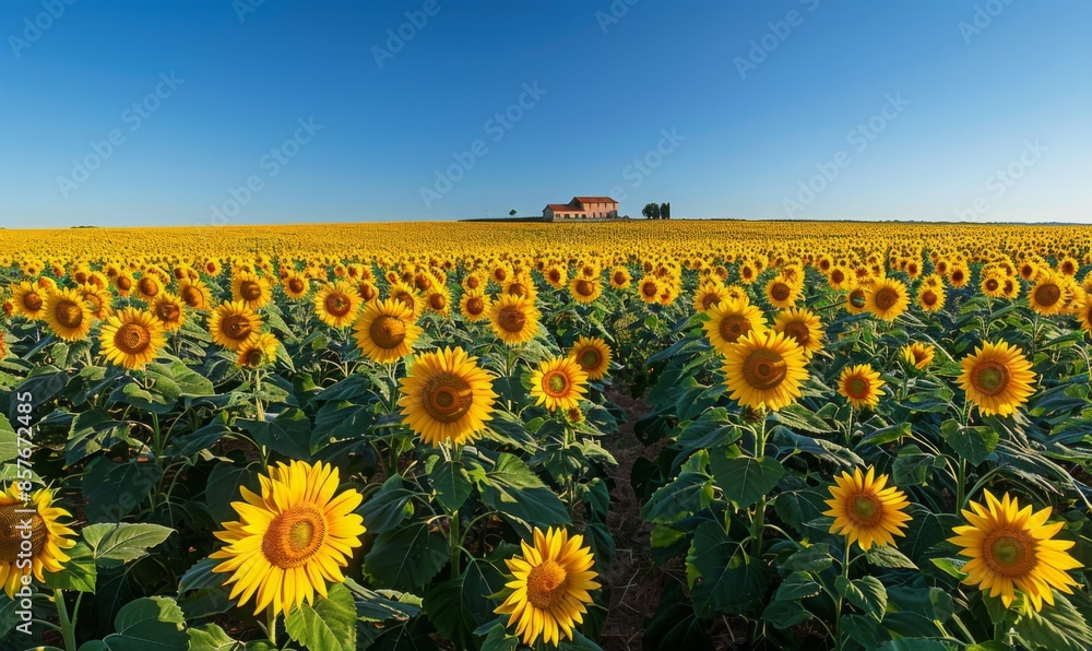 Obraz premium A panoramic view of a vast sunflower field in full bloom under a cloudless sky, with a distant farmhouse barely visible