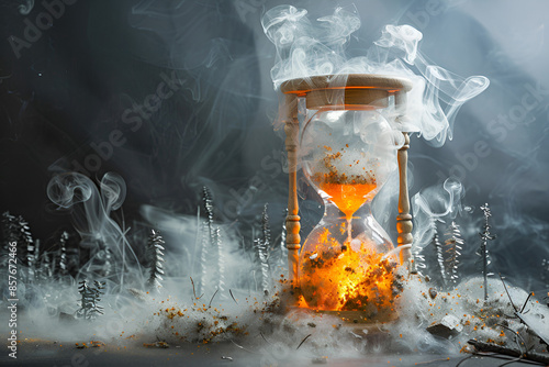 Hourglass with Smoke and Black Sand Symbolizing Time Running Out photo