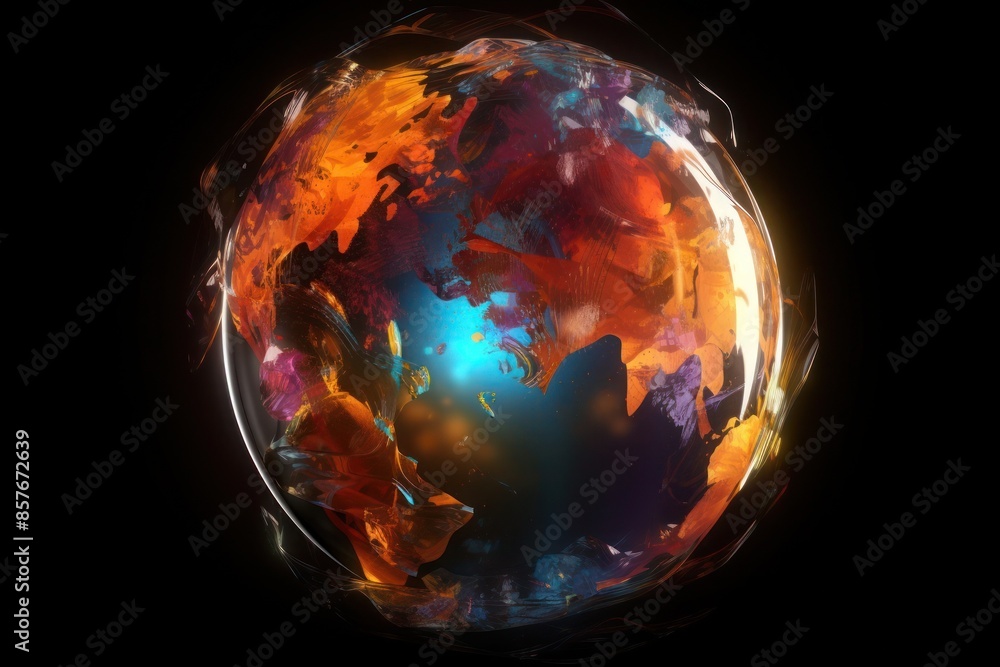 Abstract colorful sphere on a dark background. Digital artwork of a globe-like shape with vibrant hues. Concept for creative design and art. Abstract colorful sphere on a dark background. Digital artwork of a globe-like shape with vibrant hues. Concept for creative design and art.