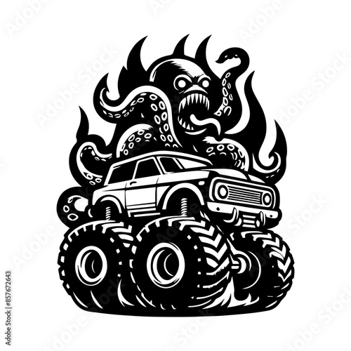 a monster car logo and a giant octopus combine with the burning flames. T-shirt logo design photo