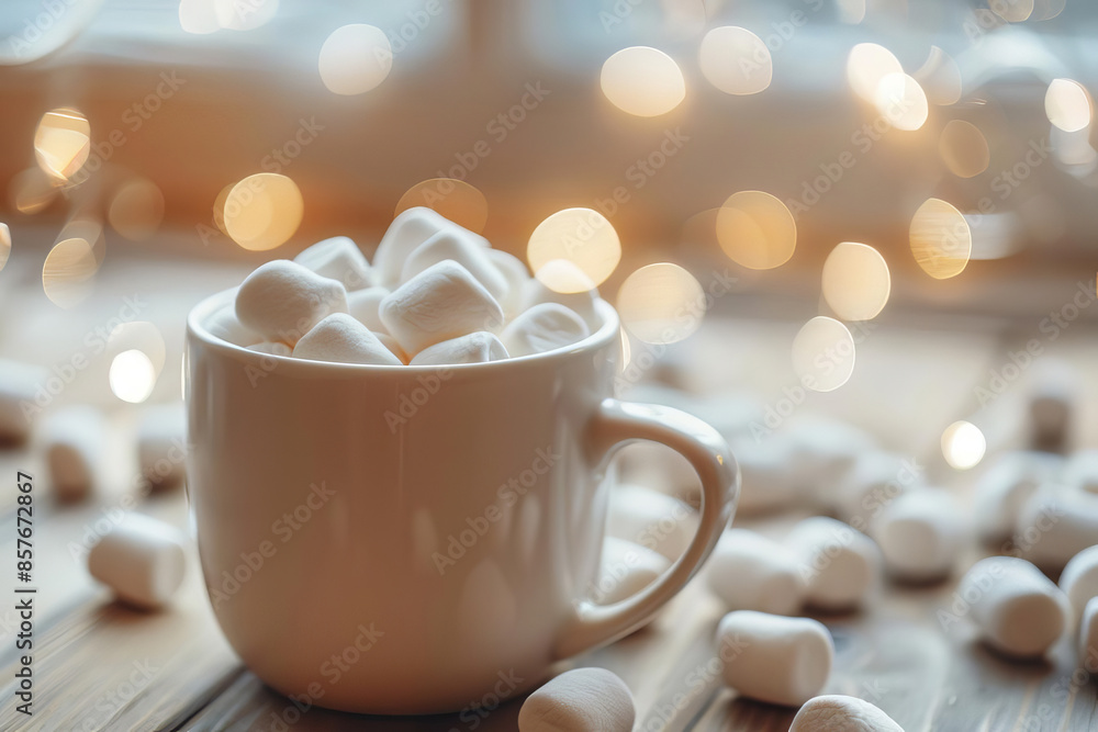 White mug with marshmallows on a wooden table with bokeh lights in the background. White mug with marshmallows on a wooden table with bokeh lights in the background.