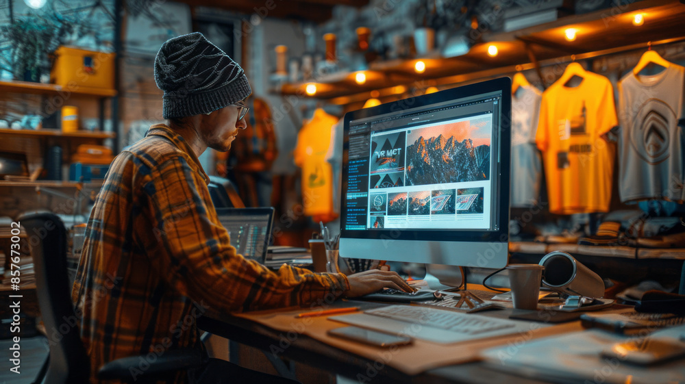 Focused person uses AI to design print-on-demand t-shirts in a creative office.generative ai Focused person uses AI to design print-on-demand t-shirts in a creative office.generative ai