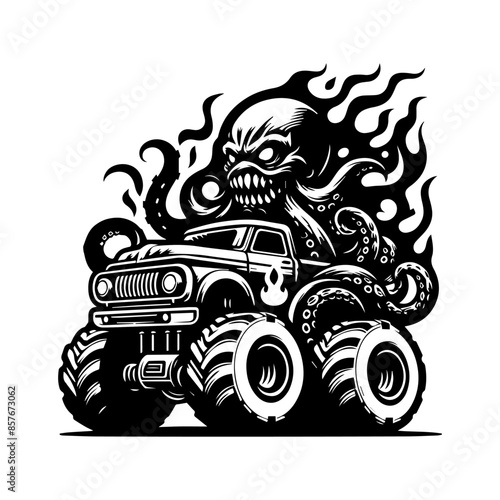 a monster car logo and a giant octopus combine with the burning flames. T-shirt logo design photo