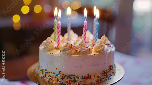 Homemade birthday cake decorated with four colorful candles to celebrate party