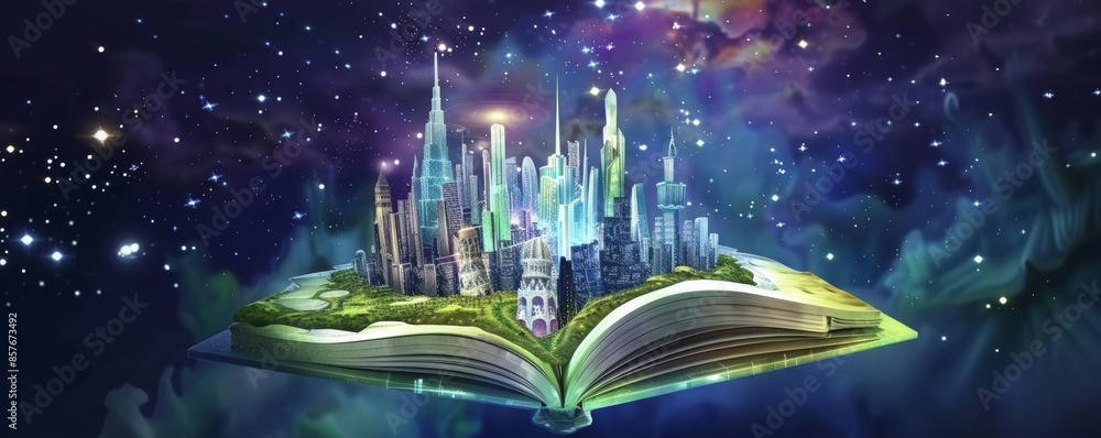 A magical city emerges from an open book, blending the realms of fantasy and reality in a starry cosmic backdrop. A magical city emerges from an open book, blending the realms of fantasy and reality in a starry cosmic backdrop.