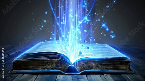 A magical book emits glowing blue light and particles, symbolizing knowledge and fantasy on a wooden surface with a dark background.
