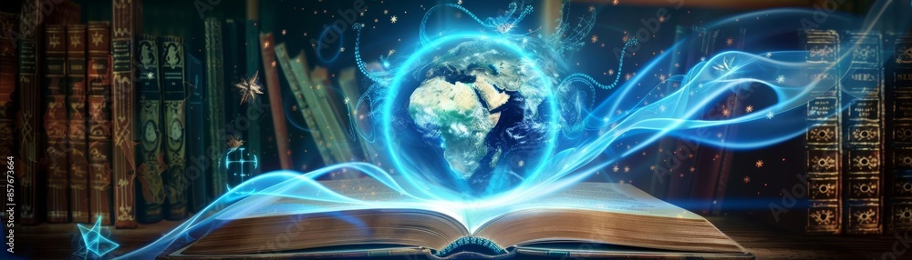An open book with a glowing Earth emerging, surrounded by magical, energy-like swirls, set against a backdrop of ancient bookshelves. An open book with a glowing Earth emerging, surrounded by magical, energy-like swirls, set against a backdrop of ancient bookshelves.
