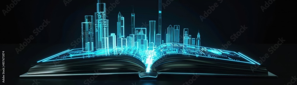 Fototapeta premium Futuristic cityscape emerging from an open book, symbolizing knowledge and innovation in urban development technology.