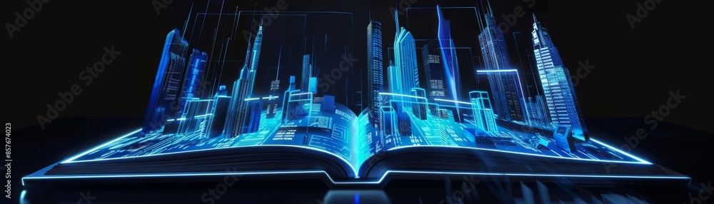 Futuristic digital cityscape emerging from an open book, symbolizing innovation, knowledge, and technology in a modern urban context. Futuristic digital cityscape emerging from an open book, symbolizing innovation, knowledge, and technology in a modern urban context.