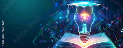 Innovative education concept with light bulb and graduation cap symbolizing knowledge, learning, and technology integration.