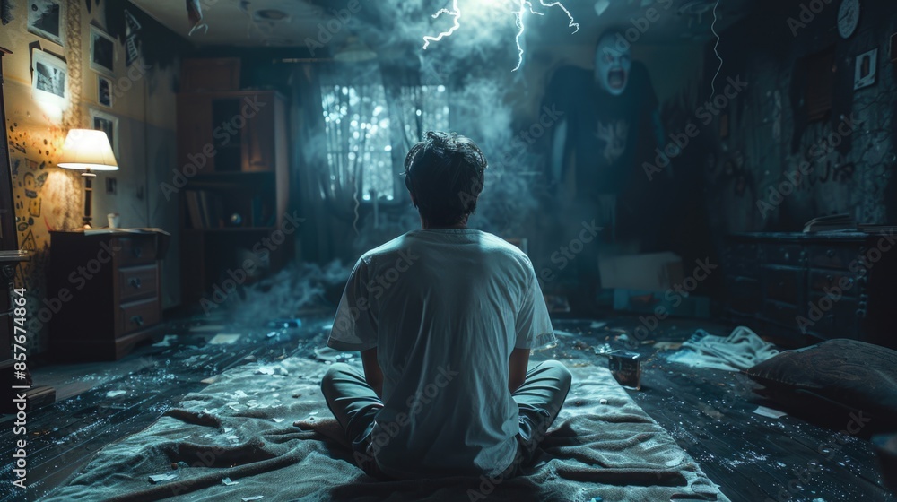 Fototapeta premium Young Man Confronts Ghost in Dimly Lit Room with Mysterious Lightning and Smoky Atmosphere