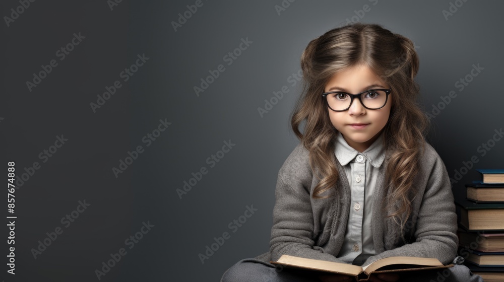 Young Girl Wearing Glasses Reading Book with Stacked Books in Background Young Girl Wearing Glasses Reading Book with Stacked Books in Background
