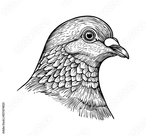 pigeon, head portrait engraving black and white outline