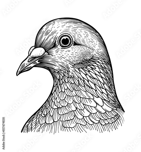 pigeon, head portrait engraving black and white outline