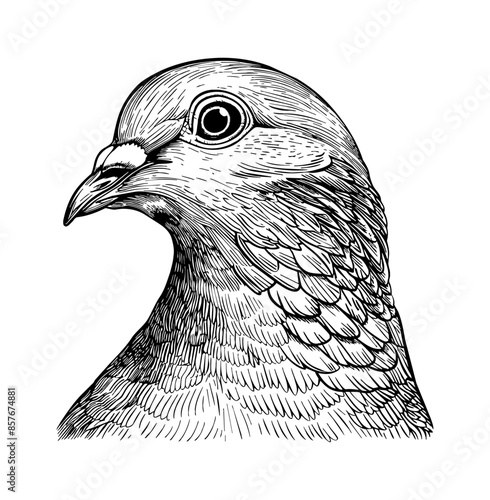 pigeon, head portrait engraving black and white outline
