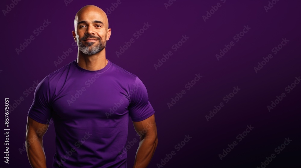 Confident Smiling Bald Man in Purple Shirt Against Solid Purple Background Confident Smiling Bald Man in Purple Shirt Against Solid Purple Background