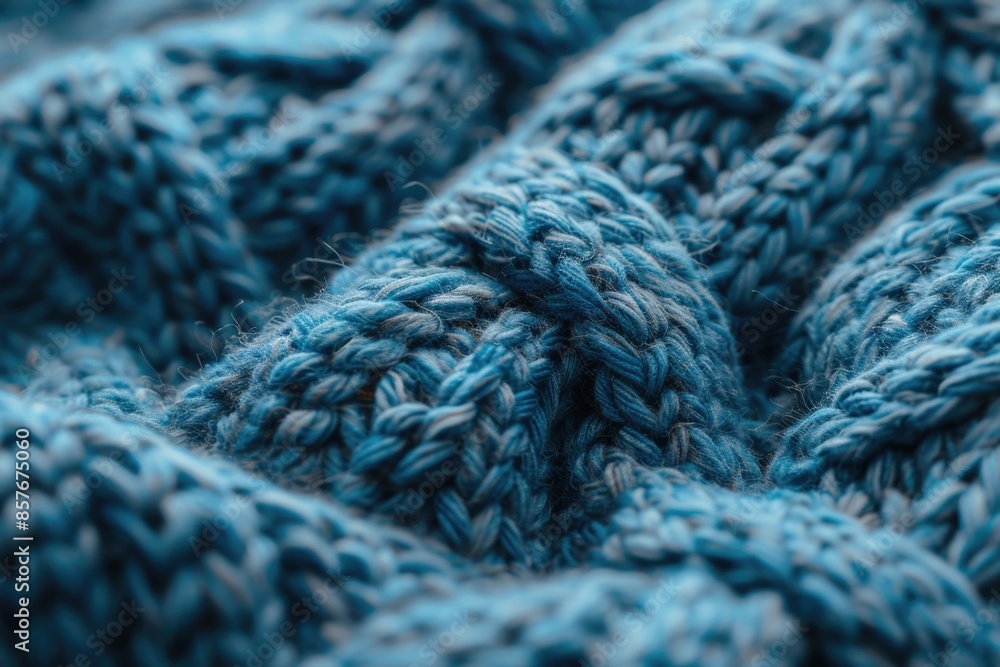 CloseUp of Blue Knitted Fabric with Intricate Patterns and Textured Details CloseUp of Blue Knitted Fabric with Intricate Patterns and Textured Details
