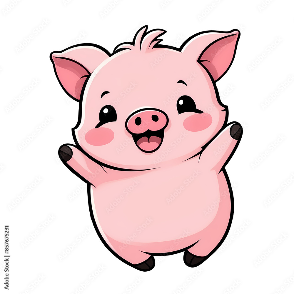 Cute Childish Kawaii Piggy Character Sticker Standing with Big Round Eyes, Pink Snout, and Happy Expression, Thick Black Outline, Generative AI. Cute Childish Kawaii Piggy Character Sticker Standing with Big Round Eyes, Pink Snout, and Happy Expression, Thick Black Outline, Generative AI.