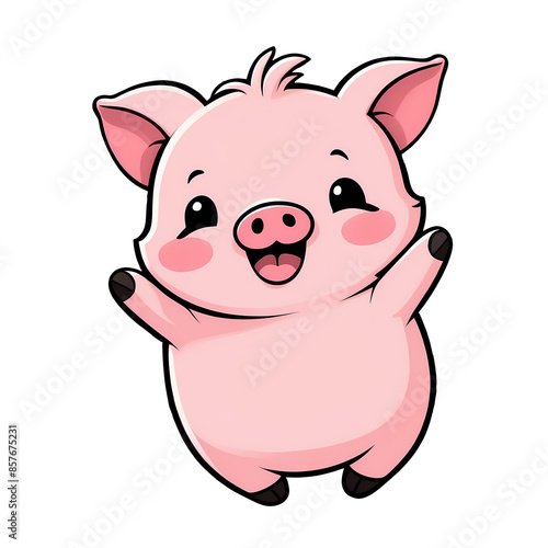 Cute Childish Kawaii Piggy Character Sticker Standing with Big Round Eyes, Pink Snout, and Happy Expression, Thick Black Outline, Generative AI.