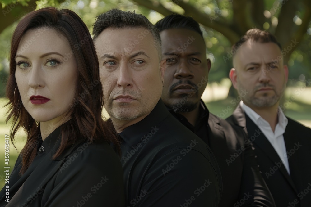 Portrait of three businesspeople standing in a row in a park Portrait of three businesspeople standing in a row in a park