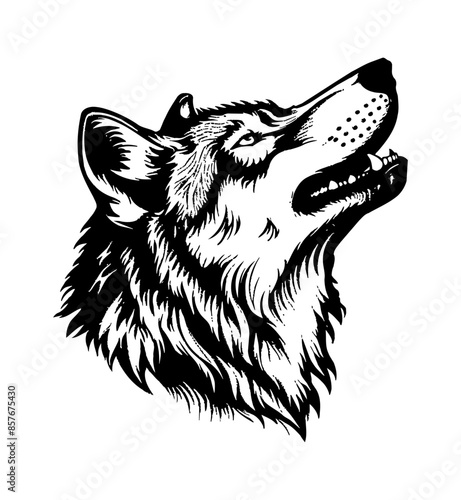 wolf howl engraving black and white outline