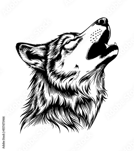 wolf howl engraving black and white outline