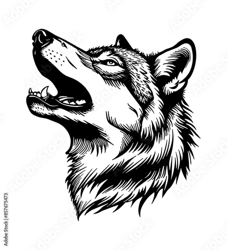 wolf howl engraving black and white outline