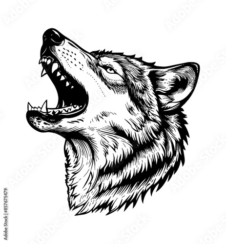 wolf howl engraving black and white outline