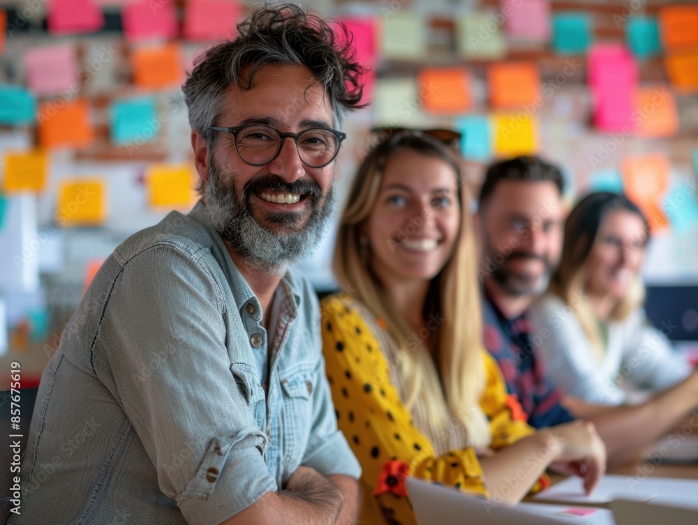 A cheerful team of professionals smiling and collaborating in a colorful office environment filled with sticky notes, representing creativity, teamwork, and a positive work atmosphere.
A cheerful team of professionals smiling and collaborating in a colorful office environment filled with sticky notes, representing creativity, teamwork, and a positive work atmosphere.