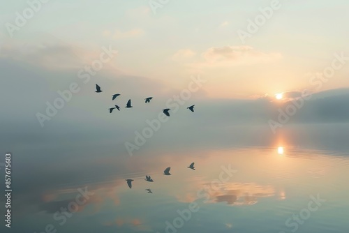 Tranquil Morning Flight - Birds Soaring Over Calm Lake at Sunrise with Reflections on Water © tantawat