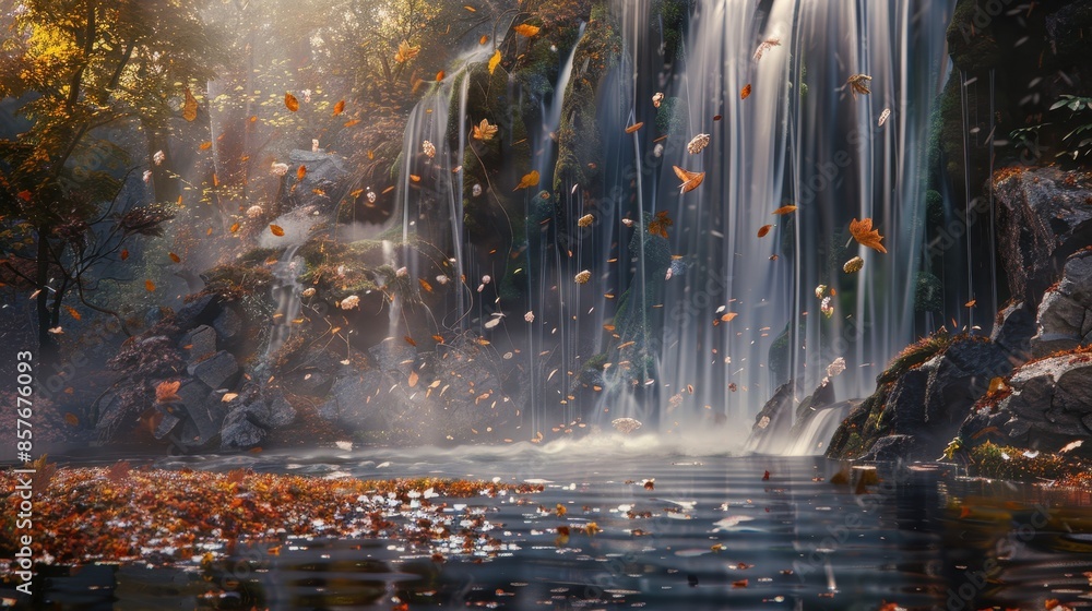 Naklejka premium Autumn Serenity: Forest Waterfall with Floating Fallen Leaves