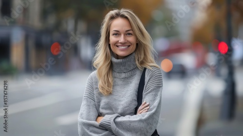 Woman Wearing Grey Turtleneck Sweater Smiles In City Street