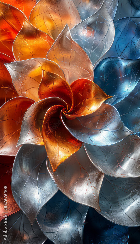 Naklejka premium the blue, orange and silver swirls of a flower,generative ai
