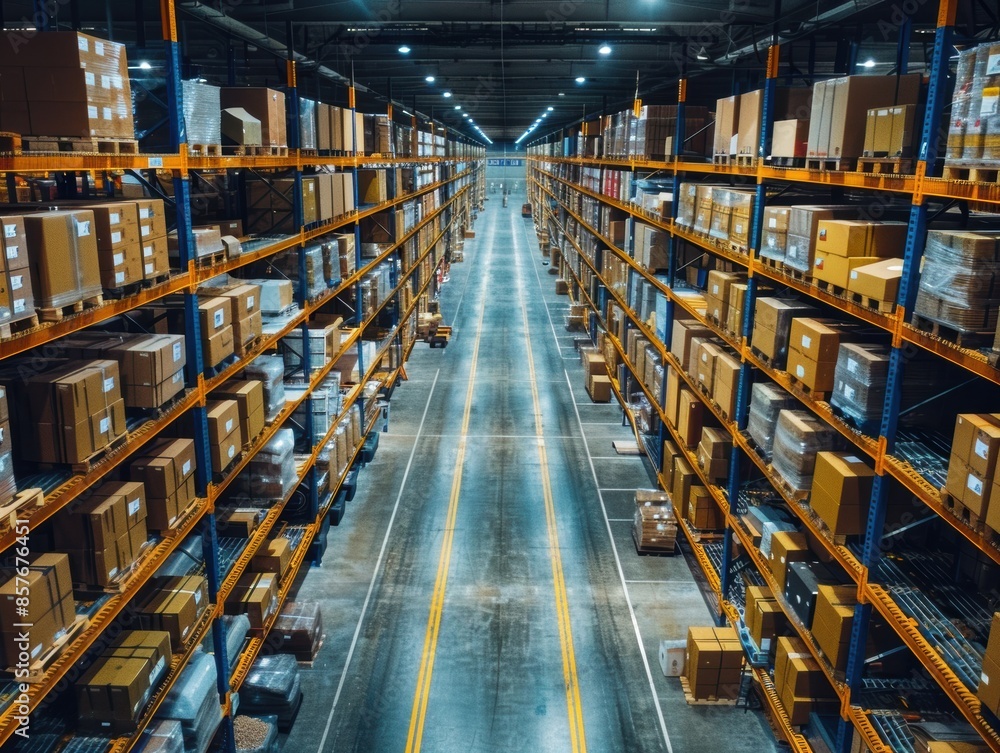 A large, well-organized warehouse filled with rows of shelves stocked with various goods, showcasing efficient supply chain management.
A large, well-organized warehouse filled with rows of shelves stocked with various goods, showcasing efficient supply chain management.