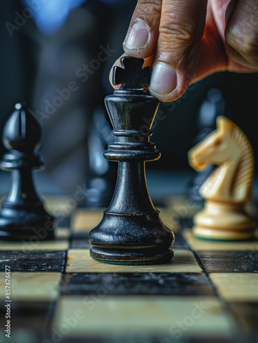 A close-up shot of a chess game with a hand moving the black king piece, symbolizing strategic decision-making and competitive advantage.

 photo