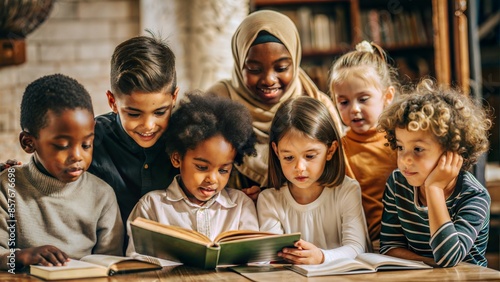Group of Diverse Children Studying Together: A group of diverse children studying together, promoting diversity and education.
