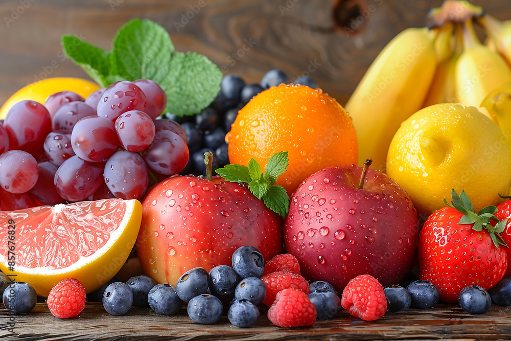 Close-up of a colorful variety of fruits with water droplets, highlighting the vibrant colors of fruits consisting of apples, oranges, grapes, blueberries, and strawberries, on a wooden background. Close-up of a colorful variety of fruits with water droplets, highlighting the vibrant colors of fruits consisting of apples, oranges, grapes, blueberries, and strawberries, on a wooden background.