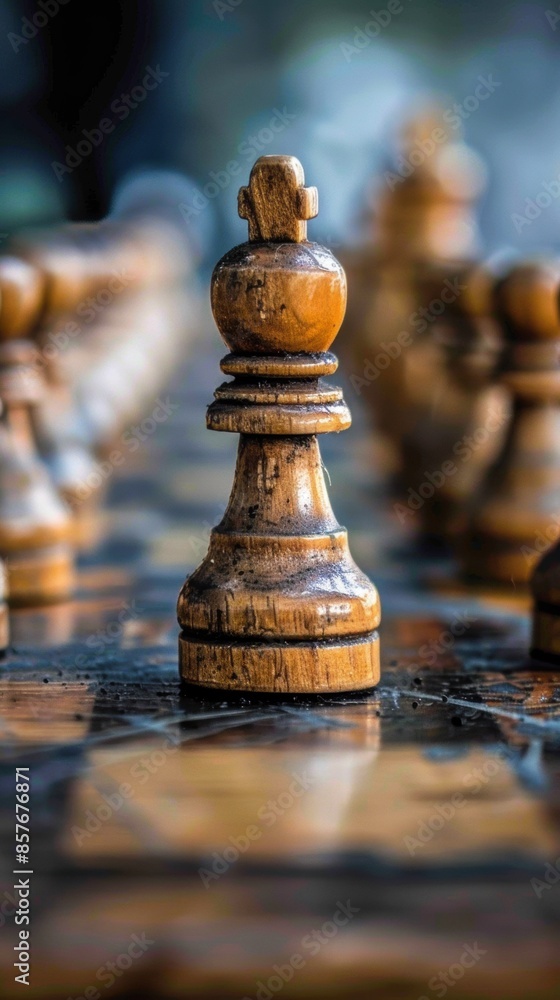 Fototapeta premium Black chess pieces stand out prominently on the chessboard. It is a symbol of strategic management and leadership
