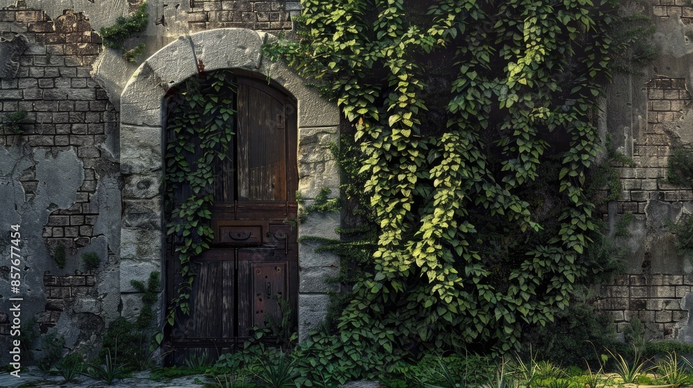 A Medieval wall with an ancient door covered in plant a concept of despair A Medieval wall with an ancient door covered in plant a concept of despair