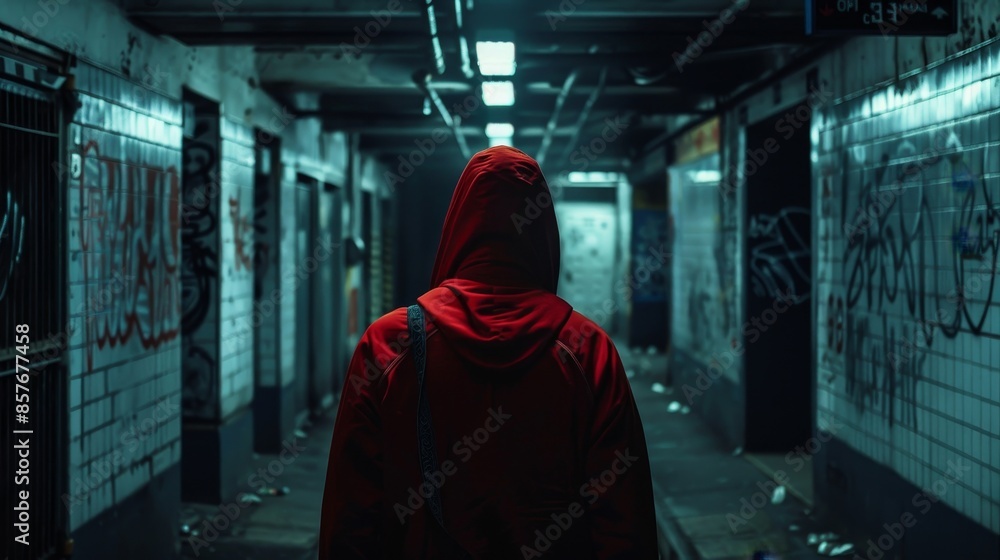 Silhouette of a man with a red hoodie entering a deserted subway station at night, dark and mysterious, raw and gritty, eerie lighting Silhouette of a man with a red hoodie entering a deserted subway station at night, dark and mysterious, raw and gritty, eerie lighting