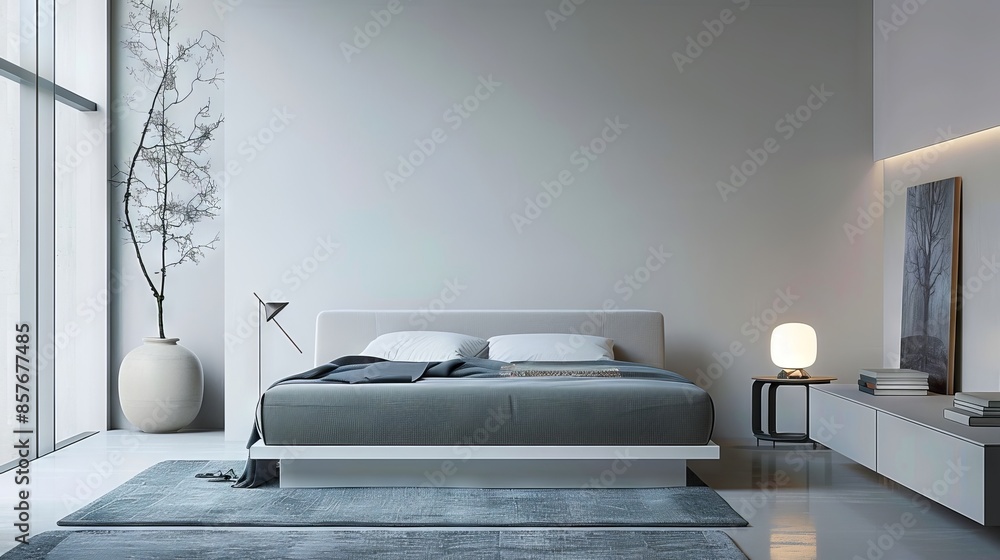 Fototapeta premium A modern bedroom with white walls and furniture.