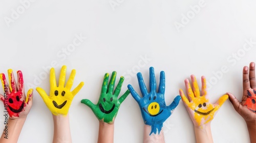 A group of children's hands painted with different colors and smiling faces. Generate AI image