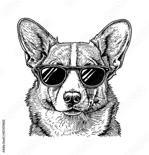 corgi, wears sunglasses engraving black and white outline