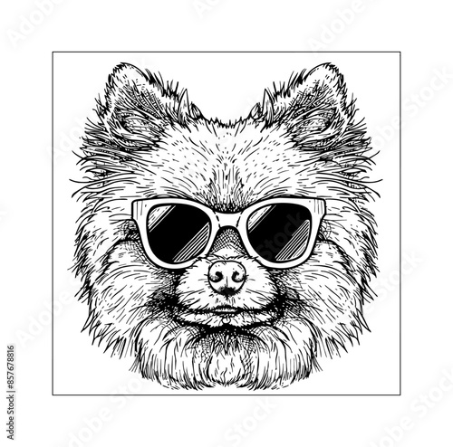 pomeranian, wears sunglasses engraving black and white outline