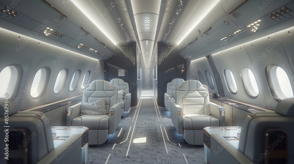 Fototapeta premium Passenger aircraft cabin with luxurious and comfortable business class seats.