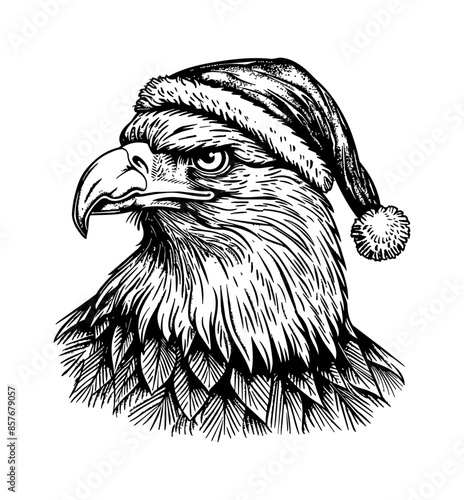bald eagle, wears santa hat engraving black and white outline