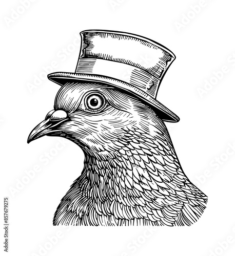 pigeon, wears high top hat engraving black and white outline